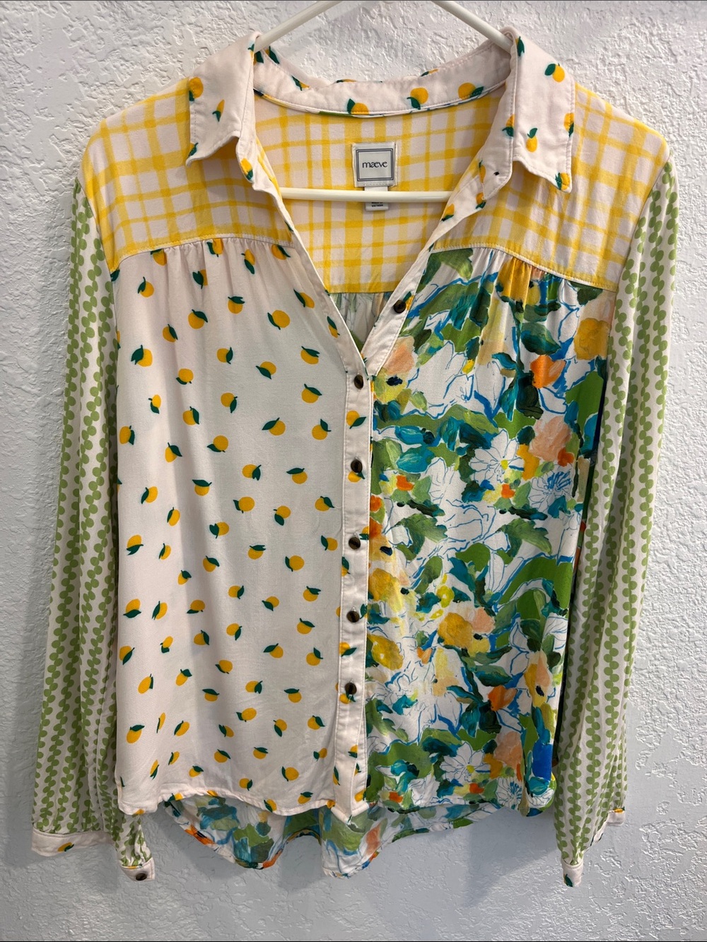 Maeve Paz Buttondown Shirt by Maeve in Yellow & Green Mixed-Print Button Shirt - Picture 2 of 7